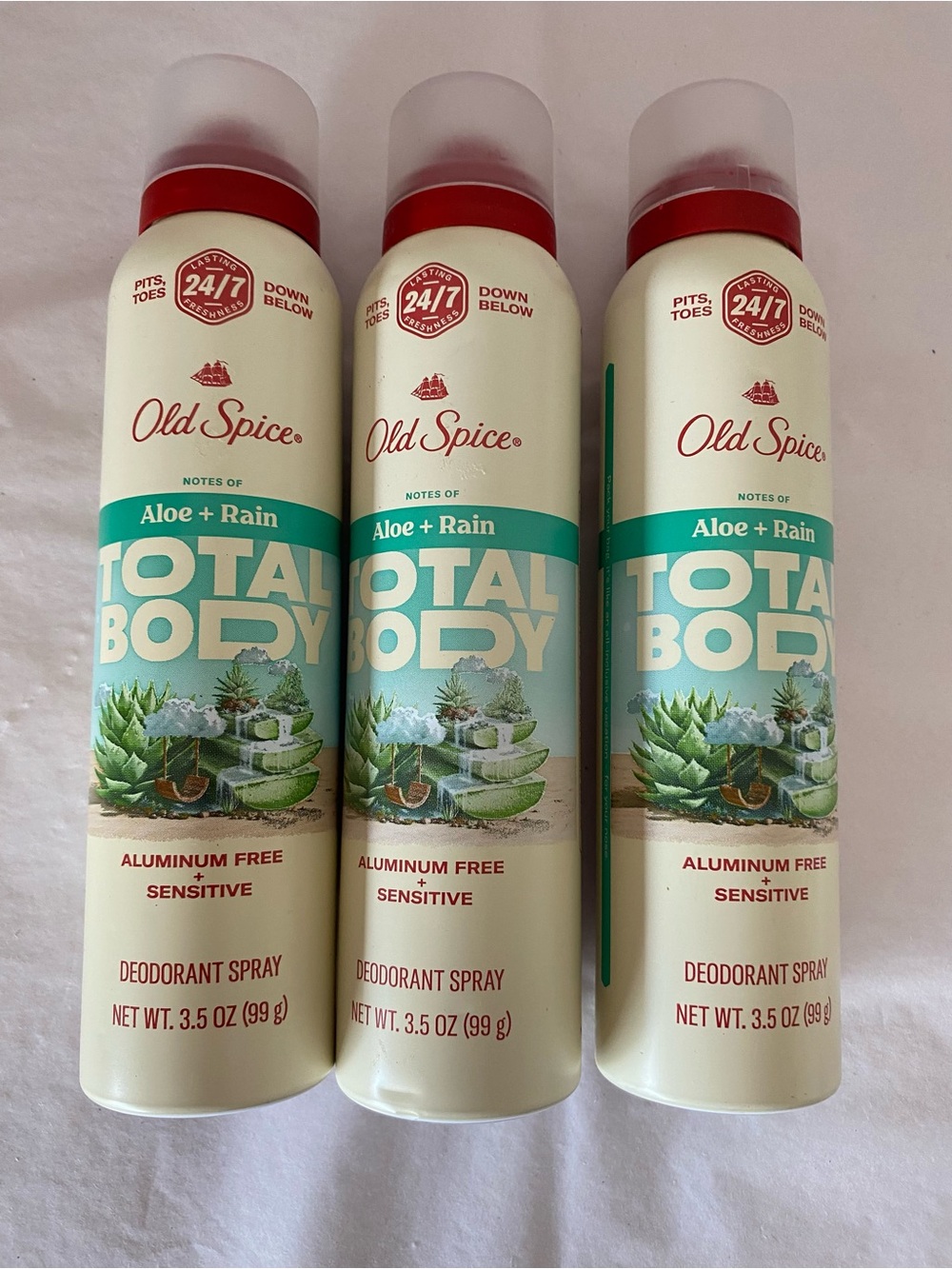 3 Lot New 0ld Spice Aloe + Rain all over 24/7 hour body spray deodorant